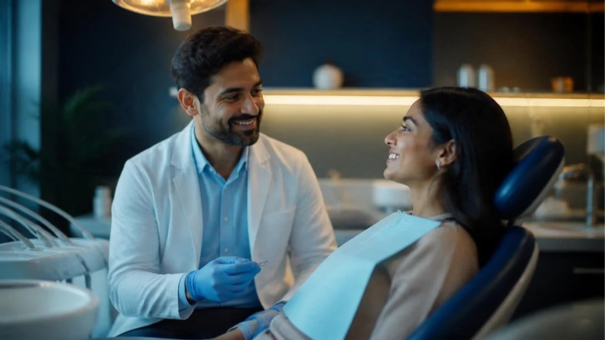 Dentist talking with a patient in a modern clinic