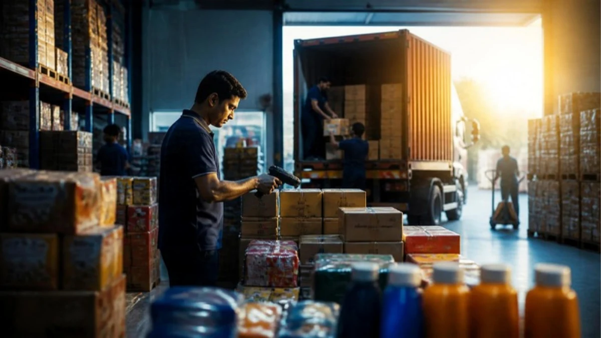 Warehouse worker scanning cartons at a loading dock