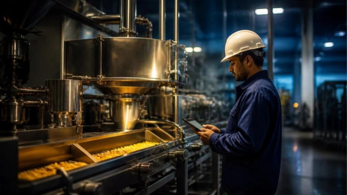 Engineer checking a food processing machine on a factory floor
