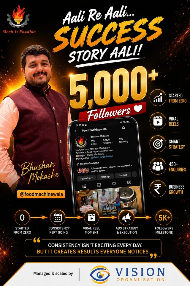 Mech It Possible (Food Machine Wala) success story creative: 450+ genuine enquiries · 5K+ followers